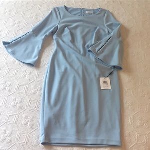 CALVIN KLEIN BABY BLUE DRESS W/ PEARL BELL SLEEVE